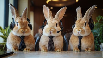 Fototapeta premium Three rabbits wearing headsets and ties sit at a desk, embodying a humorous, business-themed scene in a modern office setting.