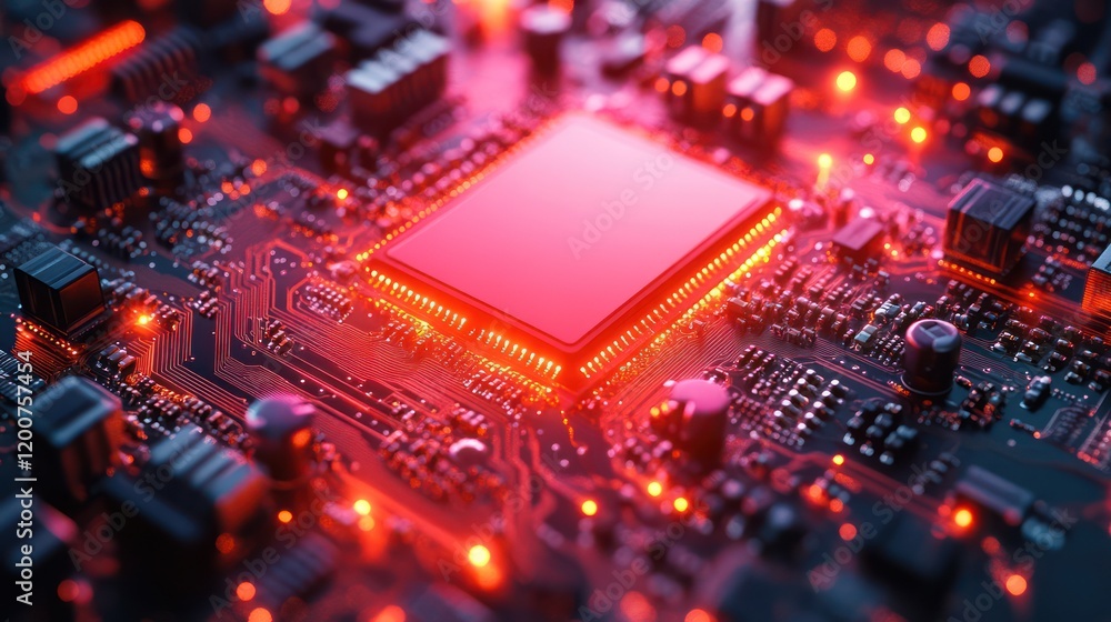 Poster close-up of a red illuminated computer microchip on a circuit board
