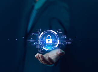 Businessman padlock screen Cyber ​​security concept Security and encryption User privacy Network security technology Data connection Internet.
