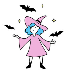 Girl wearing a witch hat with bats and stars