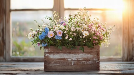 Rustic Windowsill Blooms: A charming arrangement of wildflowers in pastel hues, nestled in a rustic wooden box, sits on a weathered windowsill, bathed in the warm golden light of the setting sun.