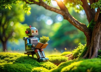 Tilt-shift magic transforms a tiny 80s robot's garden adventure into a retro scene.
