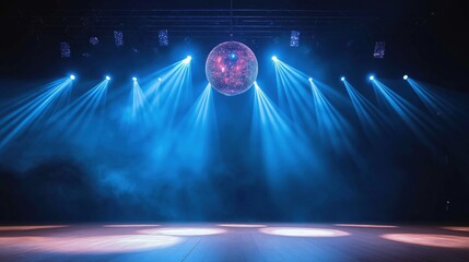 A vibrant dancefloor illuminated by a sparkling disco ball and blue spotlights, creating a lively party atmosphere, 4k video footage 