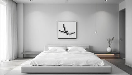 Minimalist Modern Bedroom Interior with Neutral Tones and Art Decor