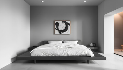 Minimalist Modern Bedroom Interior with Neutral Tones and Art Decor