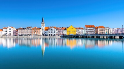 Fototapeta premium Colorful waterfront town reflecting in calm water