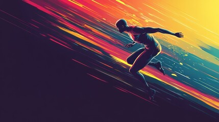 A stylized illustration of a runner in motion, depicted with vibrant streaks of color suggesting speed and energy.