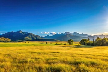 Fototapeta premium Vast grassland sweeps to towering mountains, a breathtaking high-resolution panorama under a flawless blue sky.