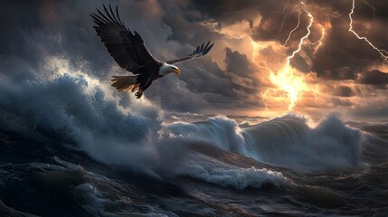 Obraz premium Majestic Eagle Soaring Over Turbulent Ocean Waves During Storm
