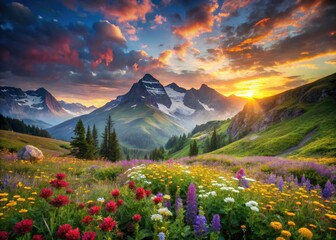 Fototapeta premium Vibrant fantasy flowers paint a surreal alpine meadow in a breathtaking landscape photograph.