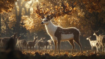 Obraz premium Majestic deer with autumn leaves antlers, standing in a forest with herd.