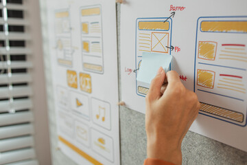 UI UX designers team working on new website wireframe in office, ux developer and ui designer use...