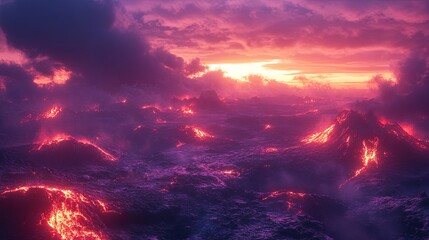 Fototapeta premium A surreal volcanic landscape with lava flows glowing against a dark, smoky sky