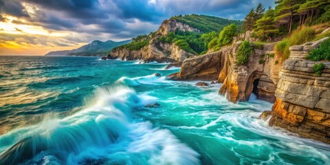 Stunning Long Exposure of Turquoise Waves Crashing Against Dramatic Cliffs in Montenegro's Adriatic Sea, Capturing the Essence of Coastal Beauty