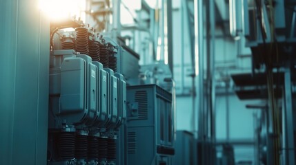 Industrial Power Transformers: A Close-Up View of Electrical Equipment in a Modern Facility