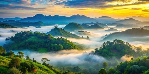 Stunning Panoramic View of Misty Mountains in Betong, Yala Province, Thailand - Captivating Landscape Photography of Nature's Beauty at Dawn
