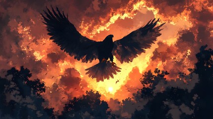 Majestic Eagle Soaring Through Fiery Sunset Sky