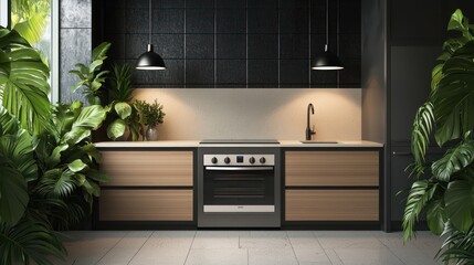 A stylish kitchen with ebony walls, honey-toned cabinets, and a gray-stained island