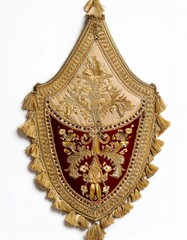 Ornate embroidered wall hanging with gold and red accents.  Intricate detailing.