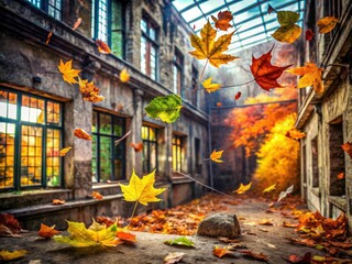 Fototapeta premium Windblown leaves shroud an abandoned building; urban exploration reveals autumn's decay.