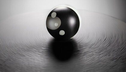 Abstract black sphere with white accents rests on a textured surface.