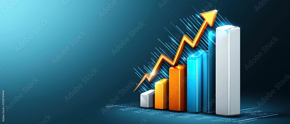 Poster graphs depicting growth with colorful bars and an upward arrow on a blue background, symbolizing dat