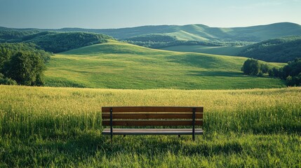 Wooden bench, grassy field, rolling green hills.