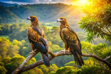 Fototapeta premium Witness the power of Wedge-tailed Eagles in breathtaking Gold Coast Hinterland drone shots. Experience their majestic flight.