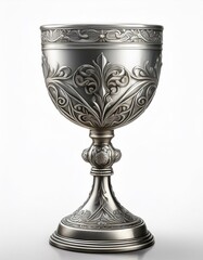 Ornate silver chalice, detailed carvings.
