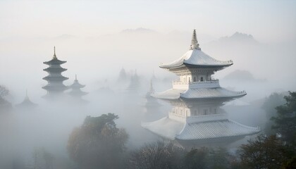 Obraz premium Misty morning view of ancient pagodas.