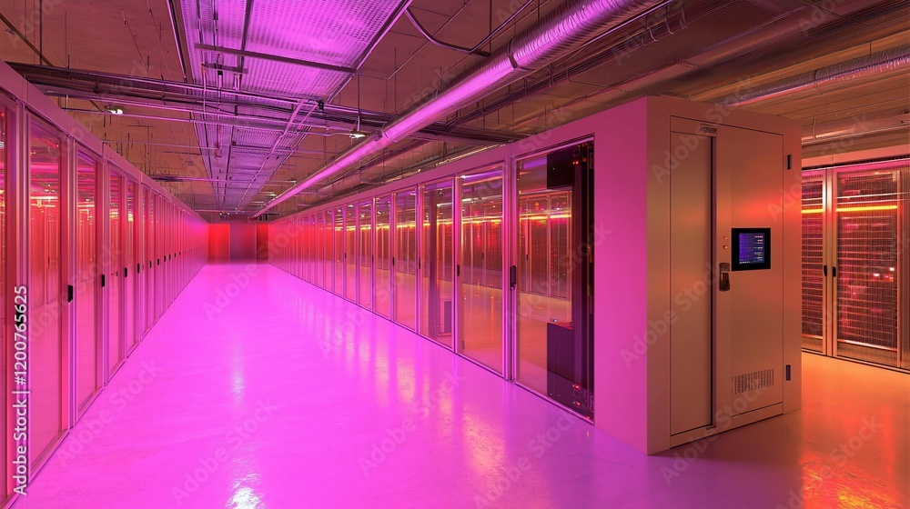 Poster pink-lit server room with rows of data cabinets.