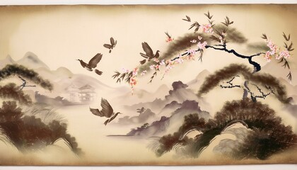 Serene Asian-inspired artwork featuring birds in flight and blooming branches against a misty mountain backdrop.