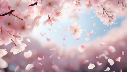 Fototapeta premium Delicate pink cherry blossoms gently fall against a soft blue sky.