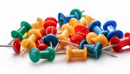 Colorful pushpins scattered on a white background.