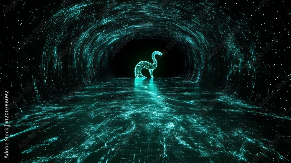 Poster digital creature in glowing tunnel data stream