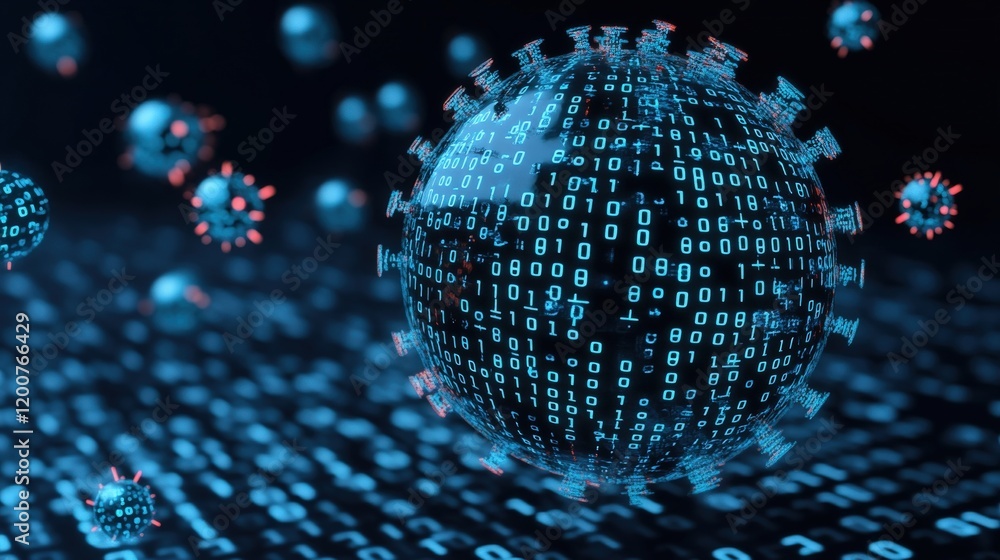Leinwandbilder Digital Global Network Visualization with Floating Binary Data and Virus-like Particles Representing Data Security and Connectivity
