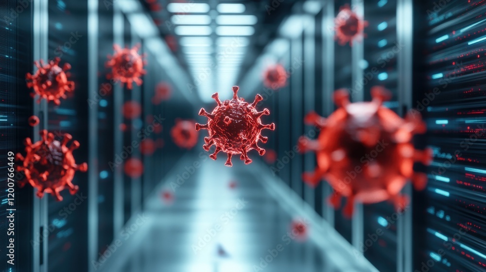 Poster 3D Visualization of Viruses Floating in a High-Tech Digital Environment Representing Pandemic Threats and Biological Challenges in Modern Science