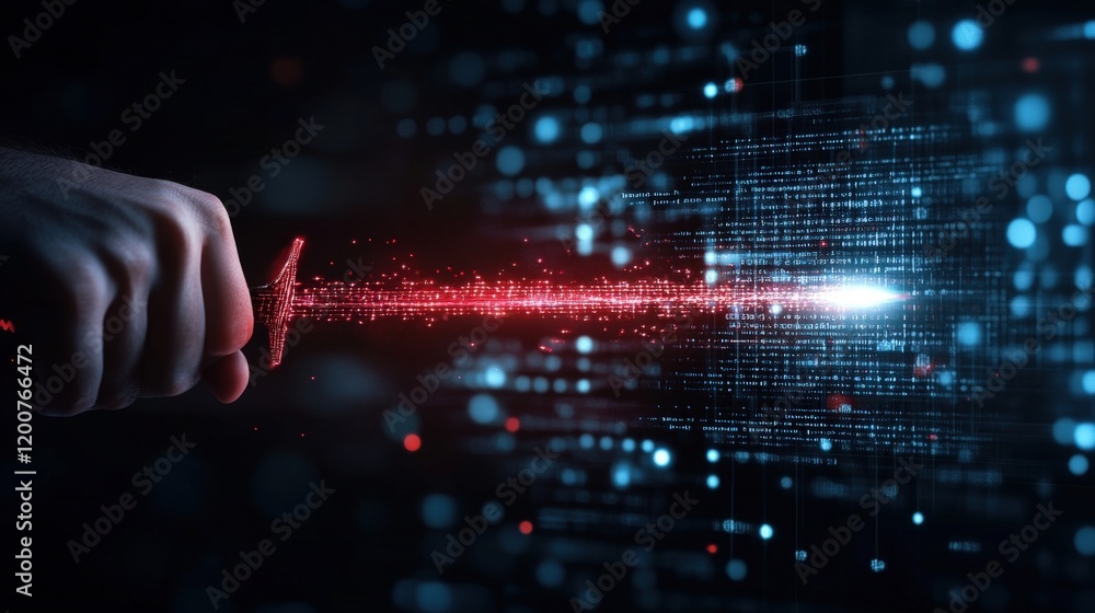 Poster abstract representation of a hand gripping a glowing sword, symbolizing digital combat, technology c