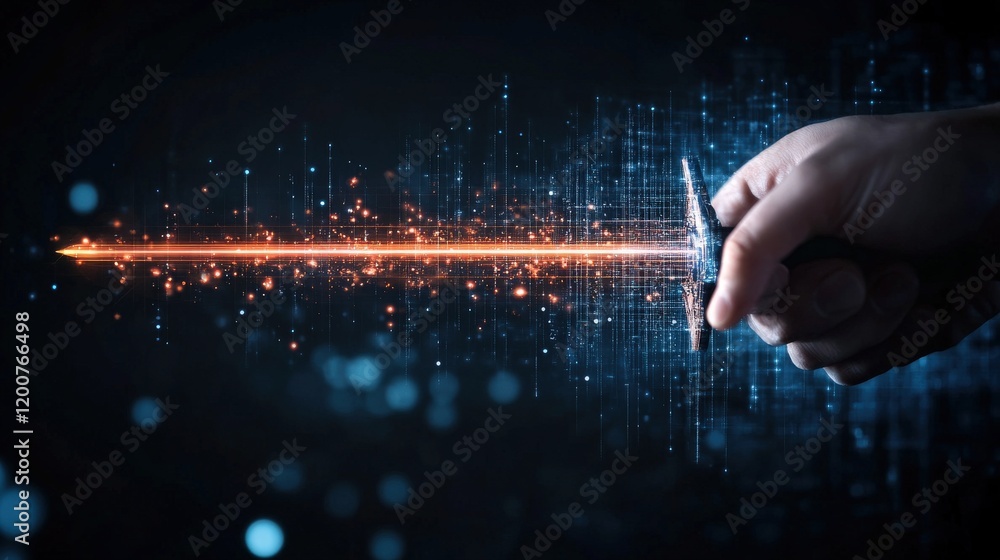 Poster Futuristic Hand Holding Sword Generating Light Trail in Dark Digital Background with Sparkling Particles and High-Tech Elements