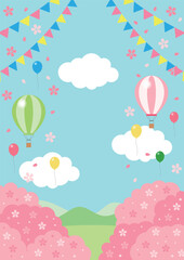 春の行楽背景、縦、桜、イラスト、かわいい、風船、気球、空
