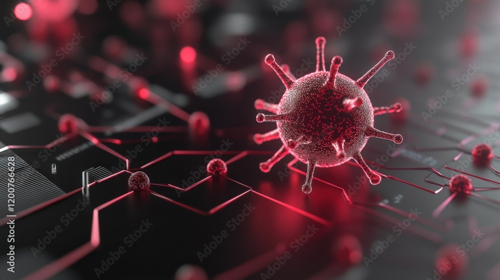 Poster abstract illustration of a virus on a circuit board background featuring red and black colors, repre