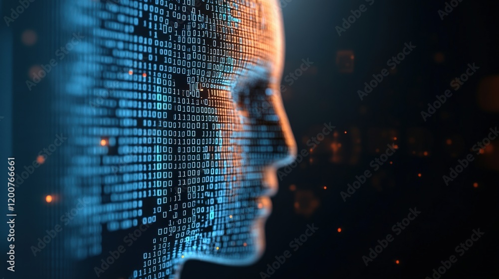 Aufkleber Digital Profile of a Human Face Composed of Binary Code Representing Artificial Intelligence, Data Processing, and Technological Innovation in the Modern Era