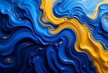 Abstract Blue and Gold Swirling Paint Design