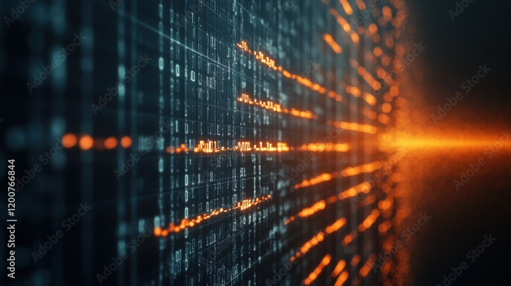 Leinwandbilder abstract digital data stream flow with glowing orange elements on a dark background representing tec