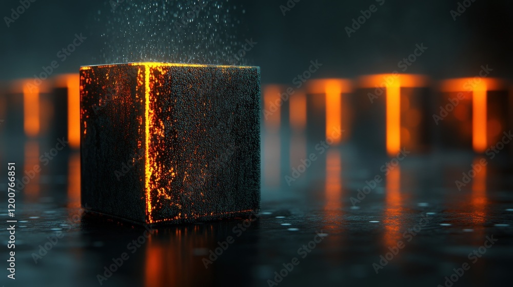 Poster abstract illuminated cube with glowing edges surrounded by a misty atmosphere, showcasing modern dig