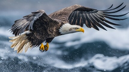 Fototapeta premium Majestic Bald Eagle Soaring Above Ocean Waves