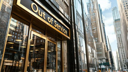 Obraz premium Bank building with closed doors and out of service sign in urban setting