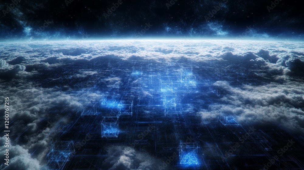 Aufkleber digital network above cloudscape futuristic data flow