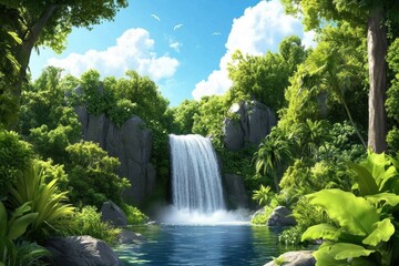 Naklejka premium A lush tropical scene featuring a waterfall cascading into a serene pool, surrounded by vibrant greenery and a clear blue sky.