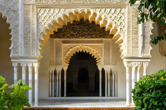 A mihrab with layered at the top, surrounded by intricate carvings and floral motifs